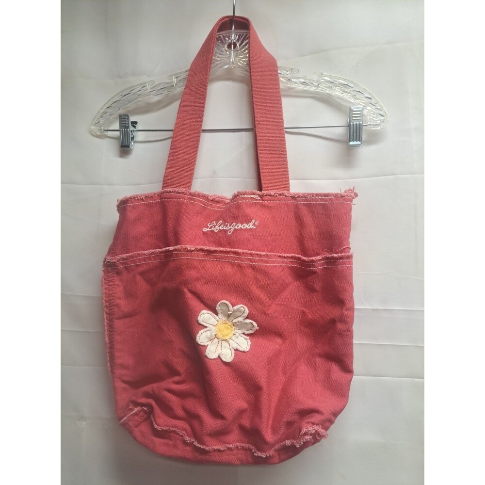 Life Is Good Coral Pink Tote Bag With Appliques Daisy And Frayed Edges